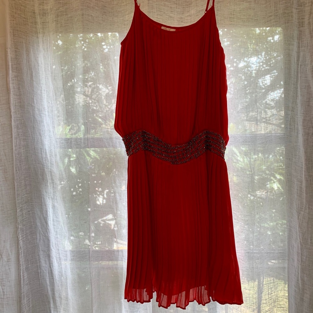 Parker red pleated dress with waist beading